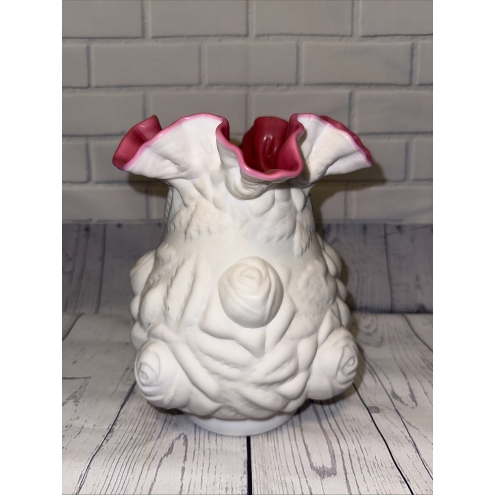 Vintage Rose Pink White Milk Glass Vase Ruffled Rim Raised Floral Retro Rare